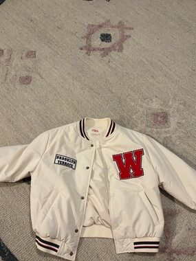 Zara Cream Varsity Jacket with Red W Patch and Navy Trim